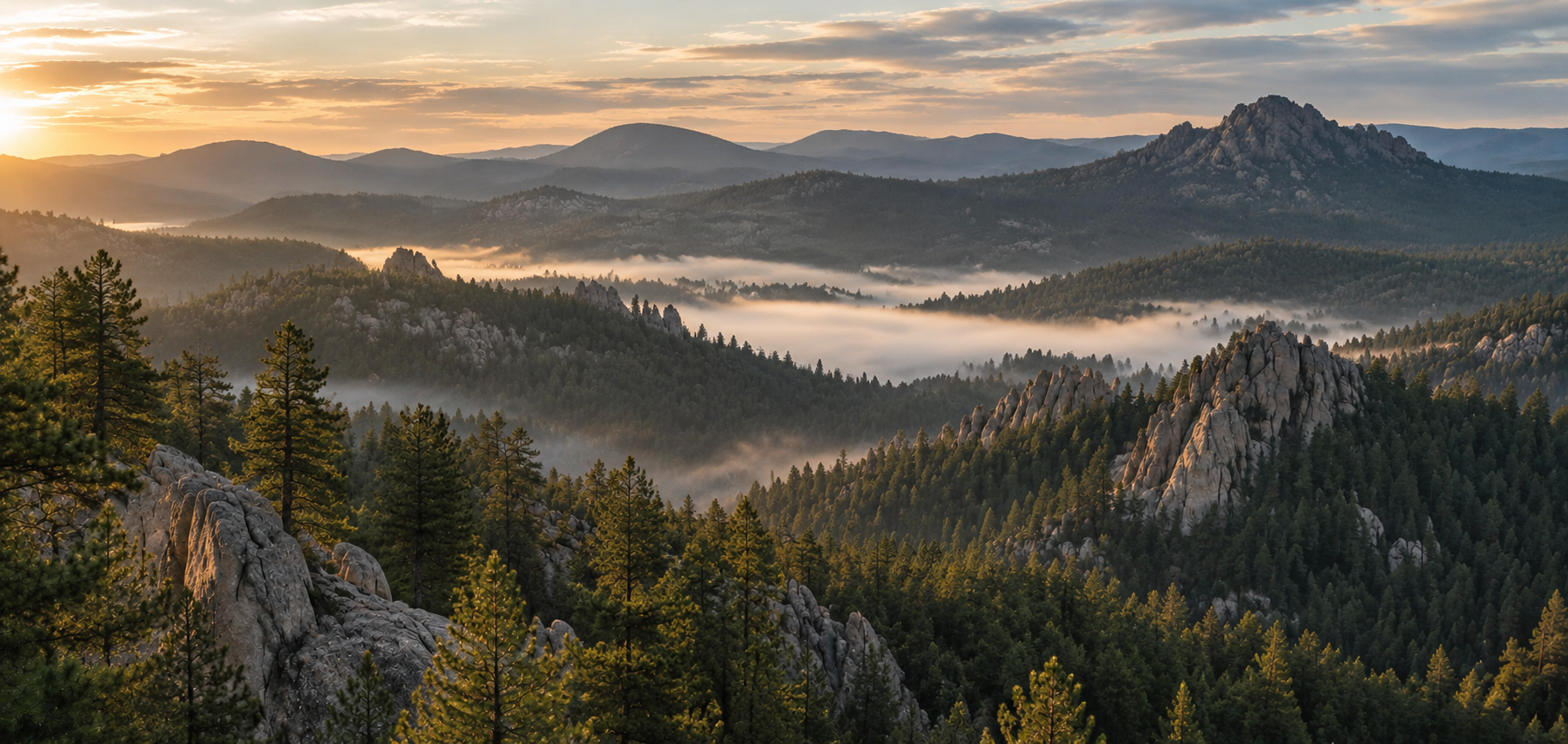 Pine ridges and granite outcroppings of the Black Hills at sunrise