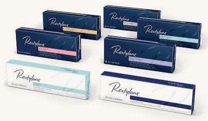 Restylane filler boxes: Fynesse, Volyme, Defyne, Kysse, Refyne and Eyelight