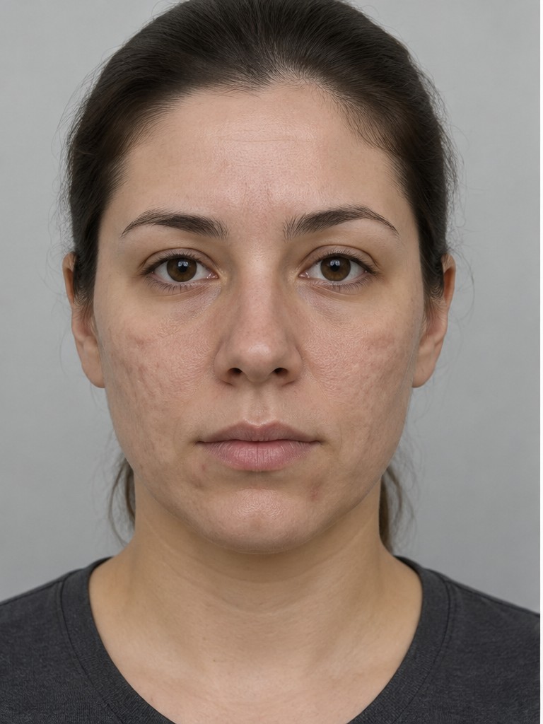 Illustrative before photo of a young woman with acne scarring across her cheeks