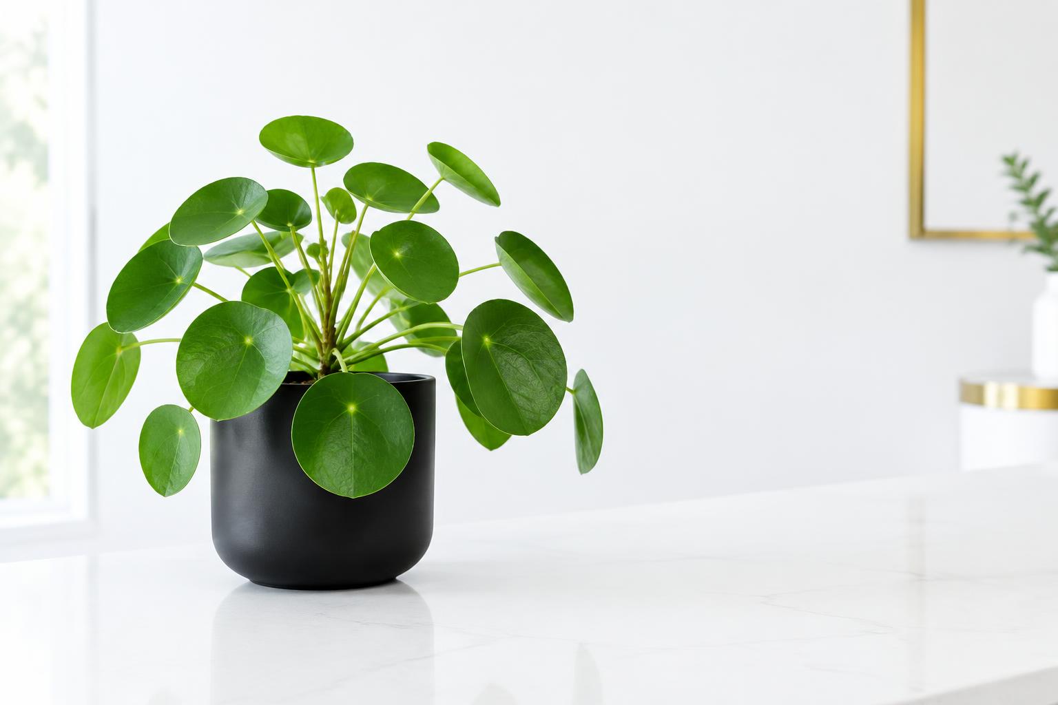 Chinese money plant in a black pot on a bright white countertop