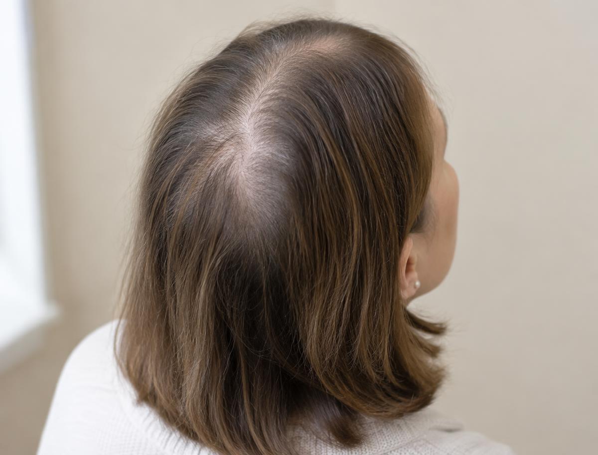 Woman with visible hair thinning at the part line