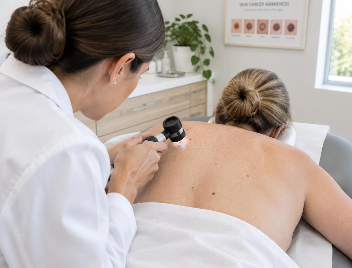 Dermatologist examining a patient’s back during a skin cancer screening
