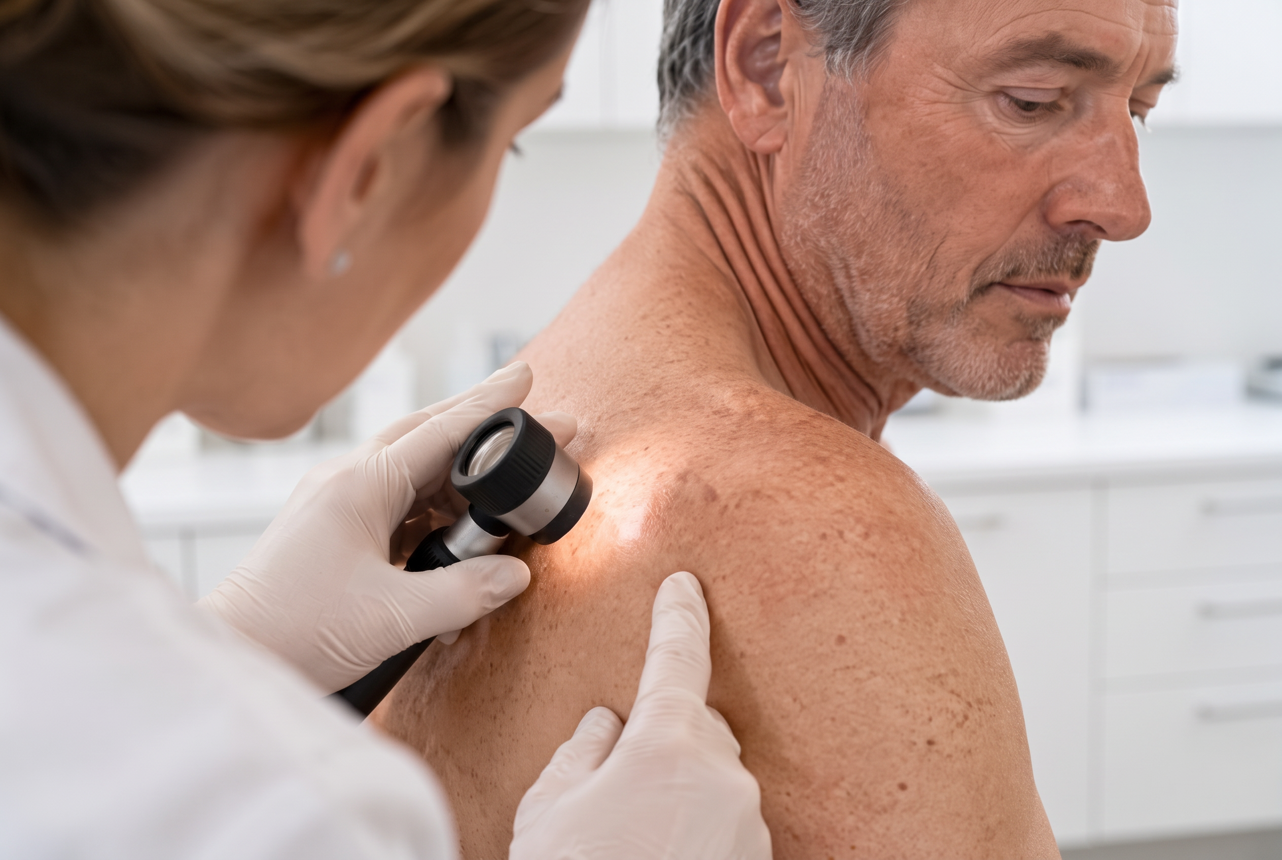 Dermatologist examining a patient's shoulder with a dermatoscope