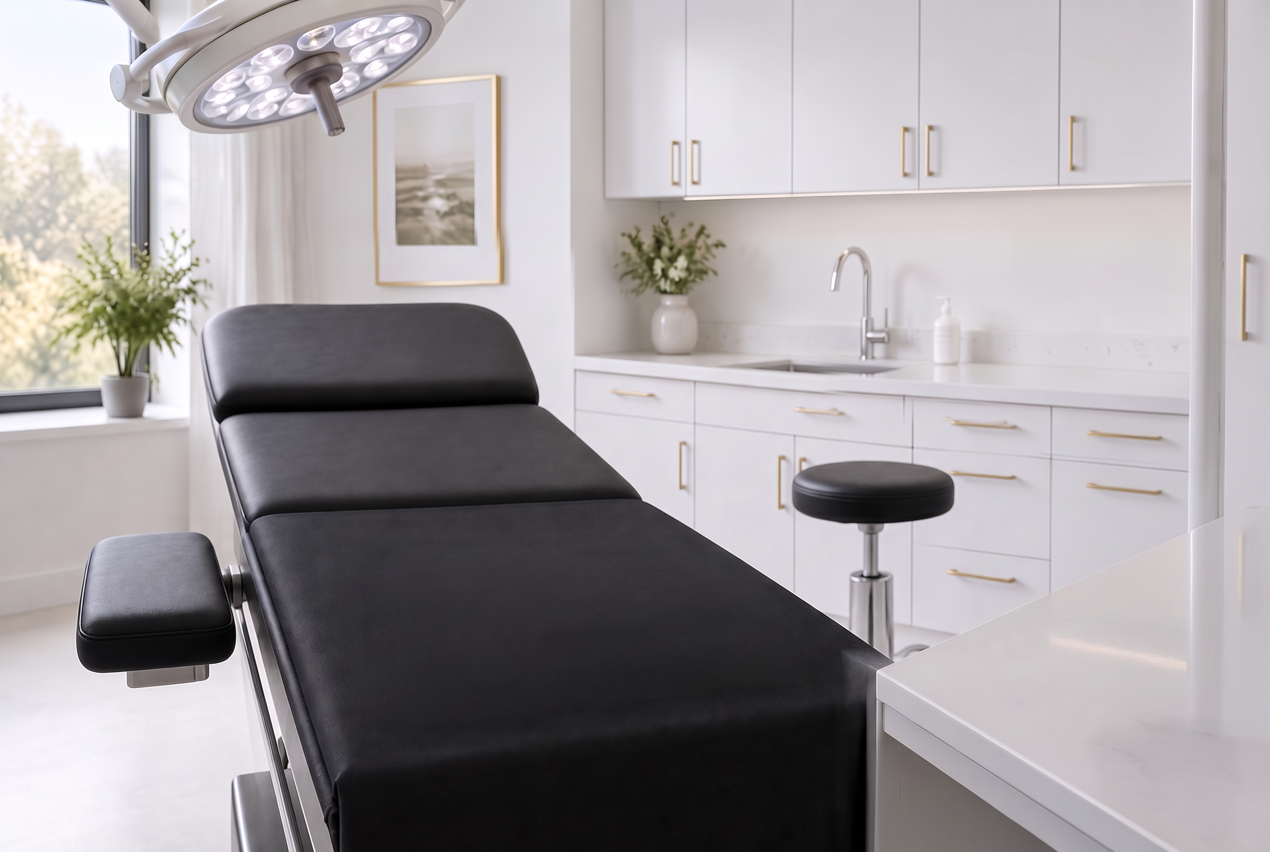 Clean dermatologic surgery suite with treatment bed, light and cabinetry