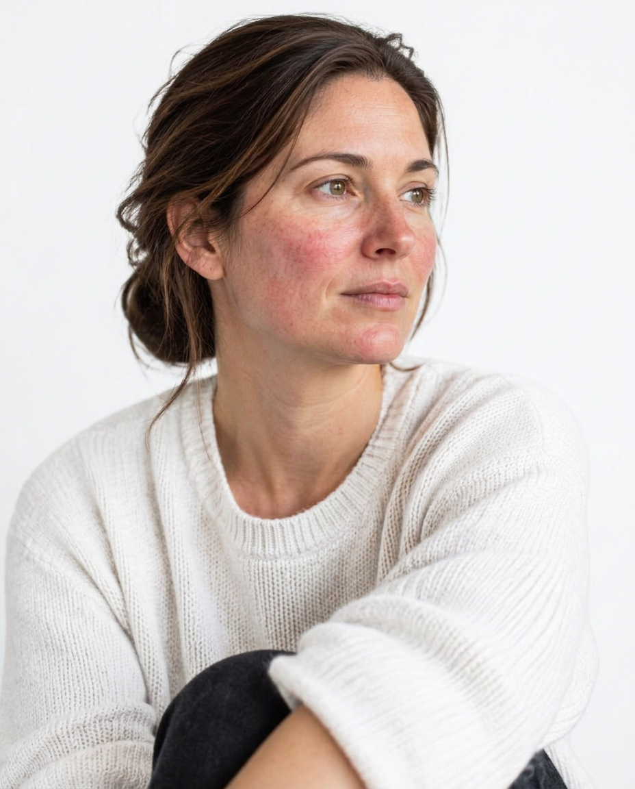 Woman with mild facial redness seated in daylight
