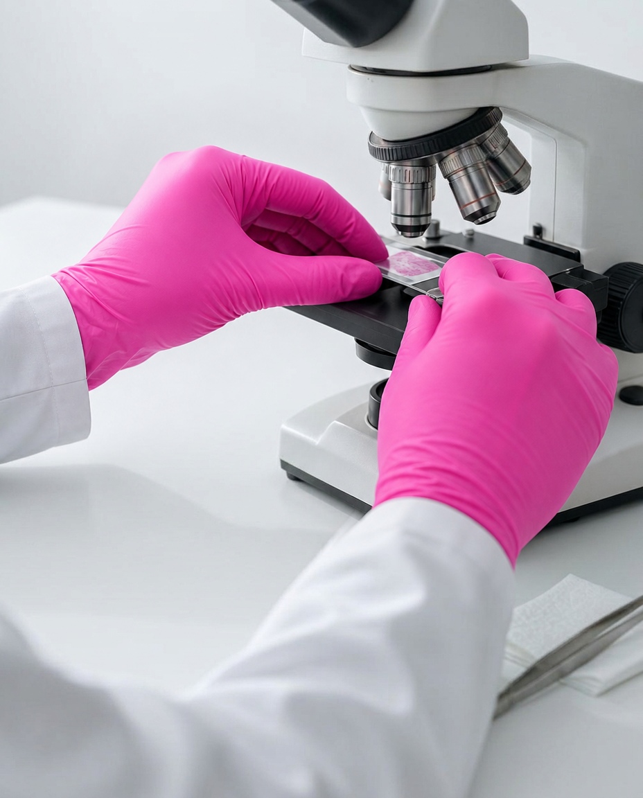 Gloved hands placing a tissue slide under a microscope